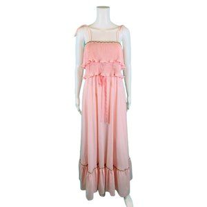 Vintage 70s Maxi Dress Womens S Light Pink Accordion Pleat Flutter Bodice Vicky